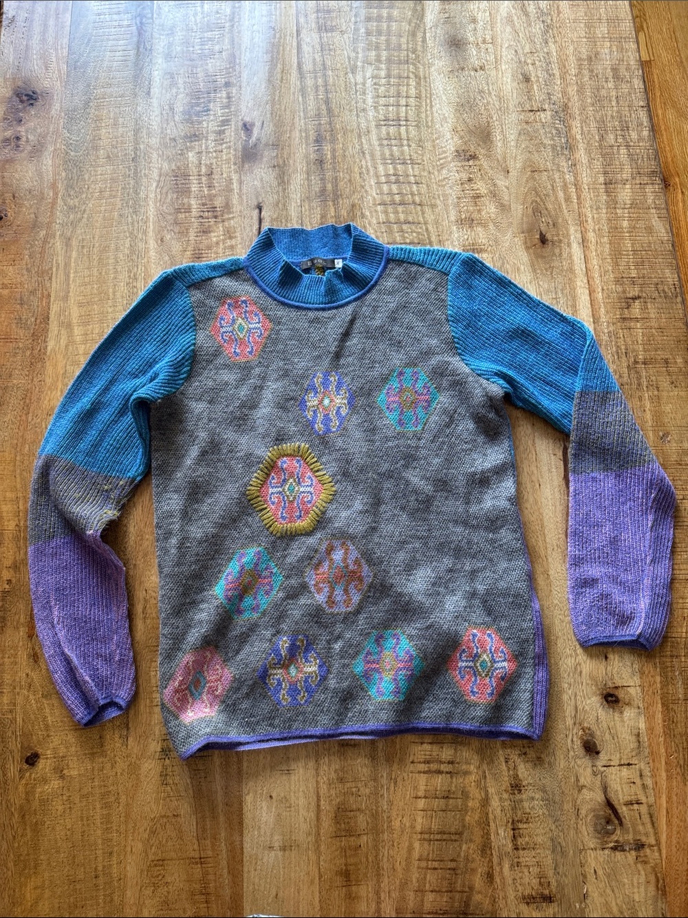 Sol Alpaca USA 100% baby alpaca Gray Pullover KNIT Sweater with BLUE Purple NEW